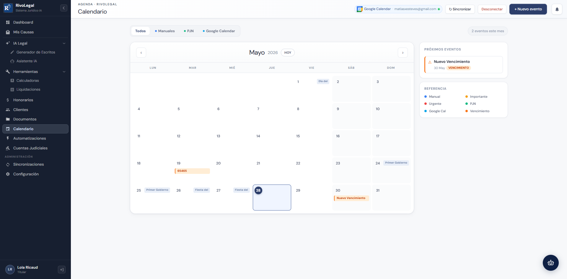 Calendario de plazos procesales y vencimientos del estudio