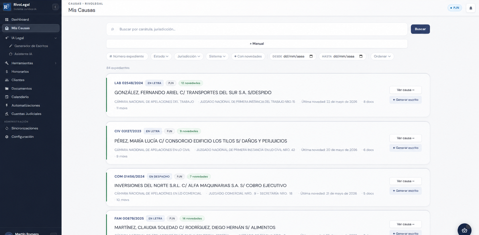 Listado de causas judiciales sincronizadas desde PJN, MEV, SCBA y EJE