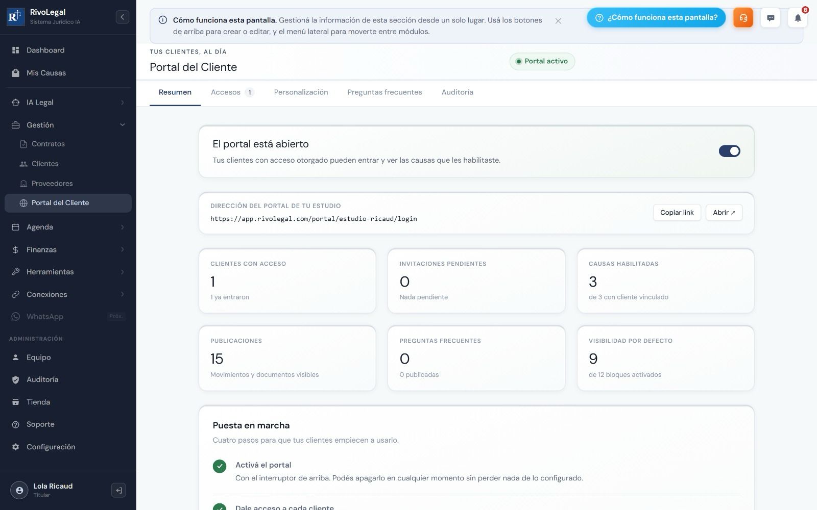 Portal del cliente con acceso a sus causas y documentos