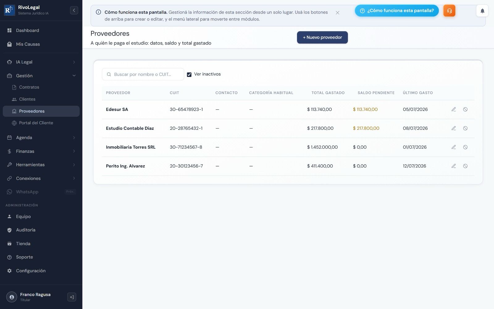 Gestión de proveedores del estudio jurídico