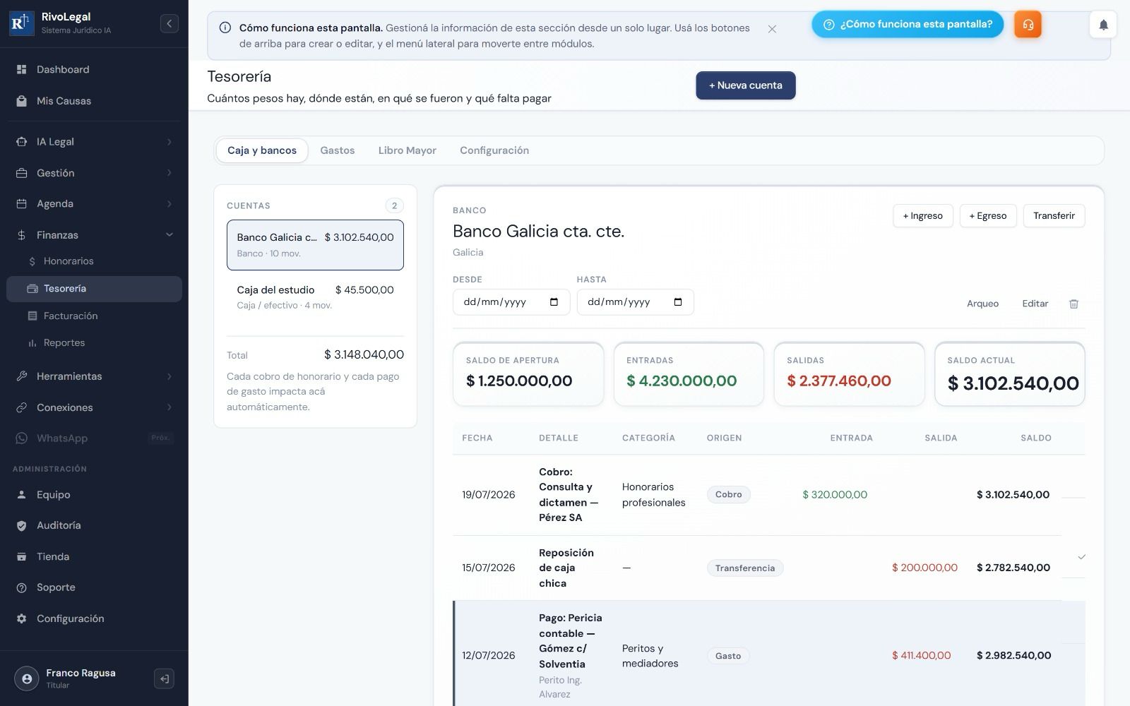 Tesorería: caja y bancos del estudio jurídico